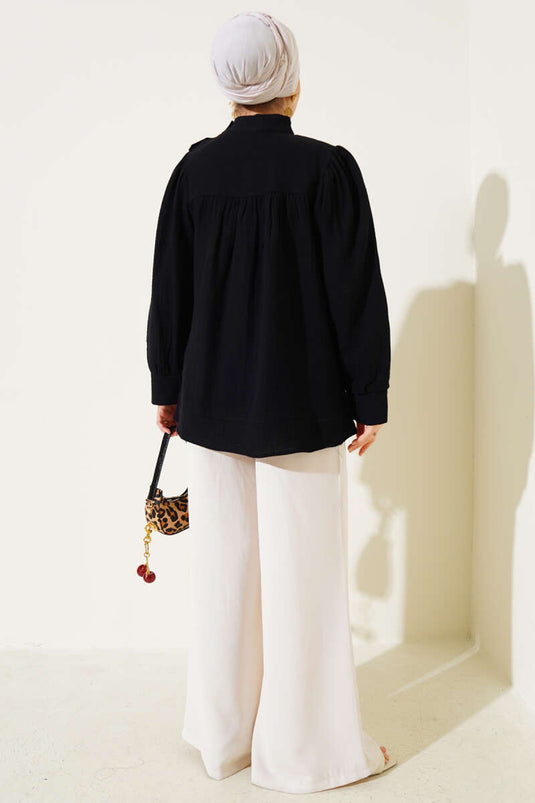 Bow Collar Muslin Tunic Black