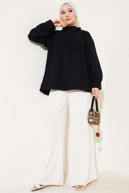 Bow Collar Muslin Tunic Black