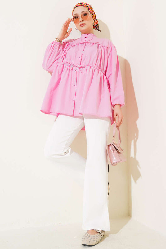 Bluse mit Schleife und Raffungen in Rosa