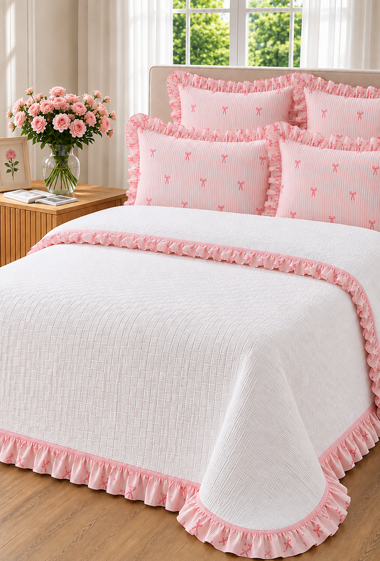 Juego De Edredón Doble Con Lazo Rosa Decorativo