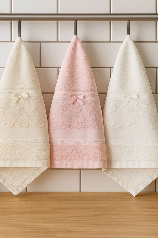 Fiyonklu Güpürlü 3'lü Havlu Set Asorti 1