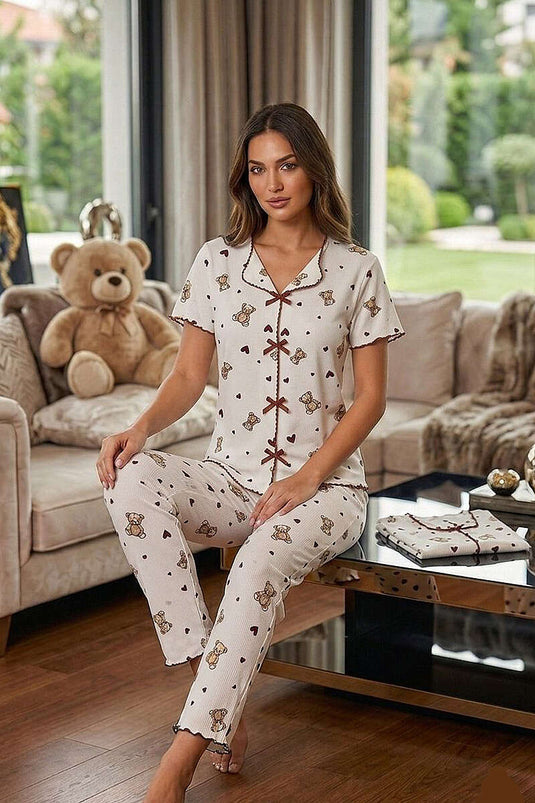 Fiyonklu Kalp Baskılı Kısa Kollu Pijama Takımı Bej