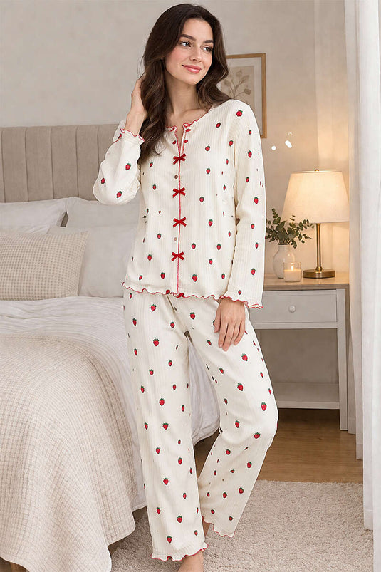 Gebloemd Pyjama Set Met Strikdetail, 4 Stuks