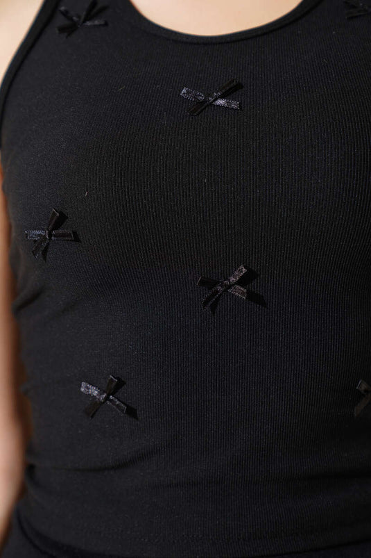 Mouwloze blouse met strik en camisole, zwart