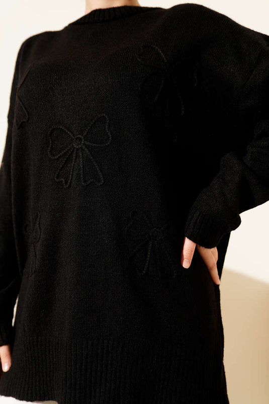 Soft Knit Tunic with Bow Black