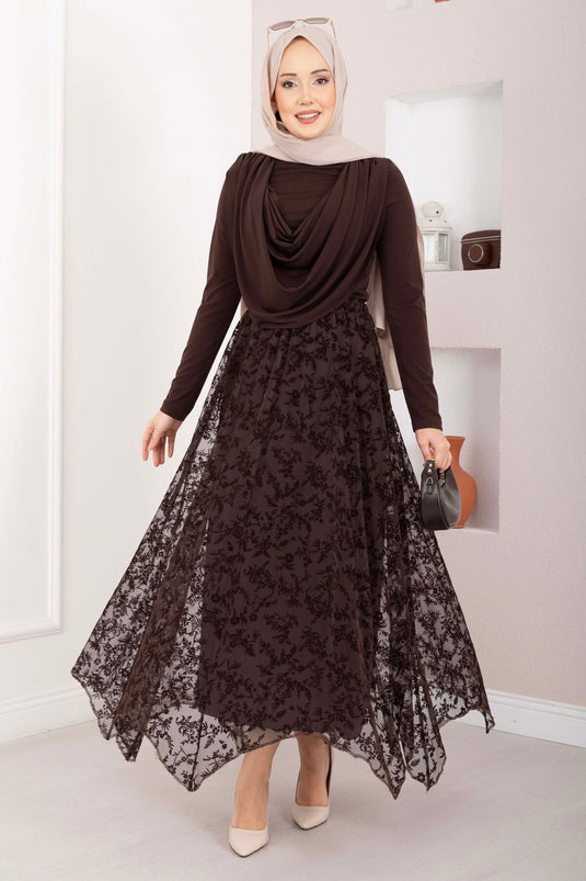 Jupe en tulle asymétrique à imprimé floconné marron