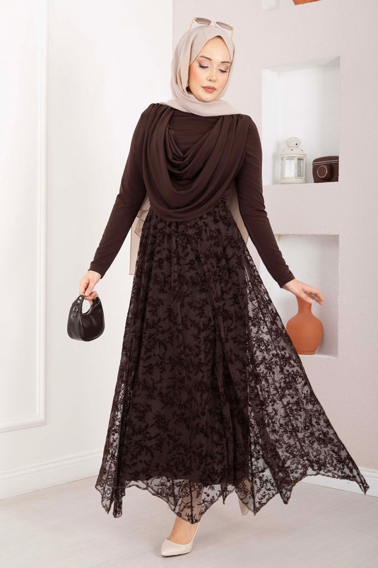 Jupe en tulle asymétrique à imprimé floconné marron