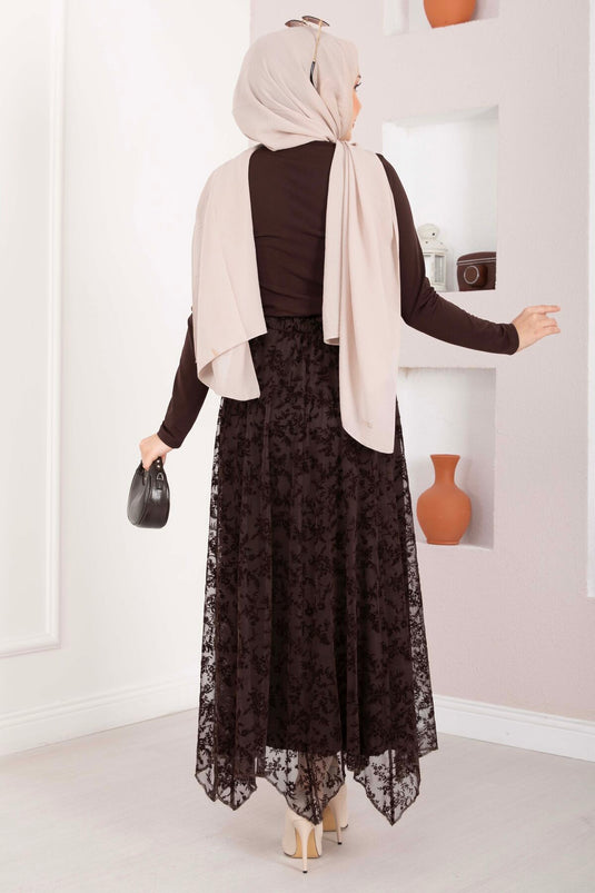 Jupe en tulle asymétrique à imprimé floconné marron