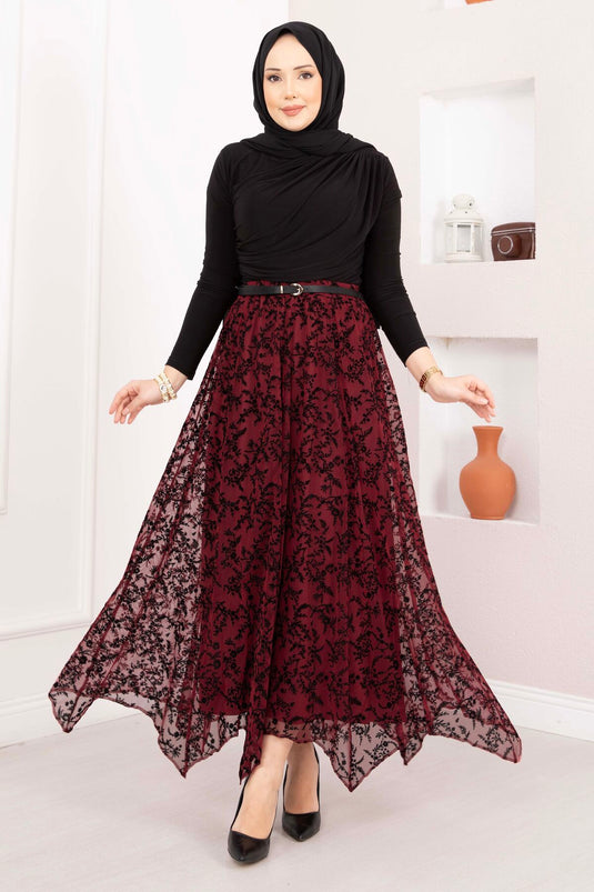 Flok Baskılı Asimetrik Kesim Tül Etek Mürdüm