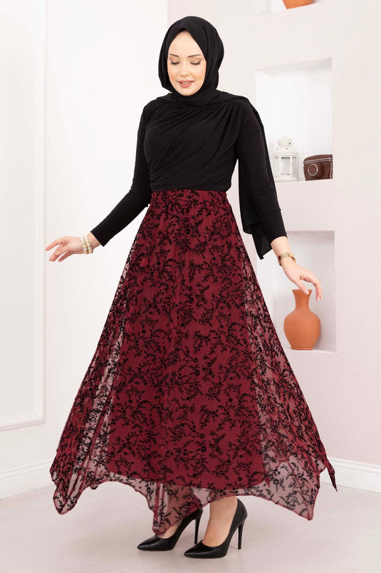 Flok Baskılı Asimetrik Kesim Tül Etek Mürdüm