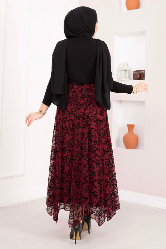 Flok Baskılı Asimetrik Kesim Tül Etek Mürdüm