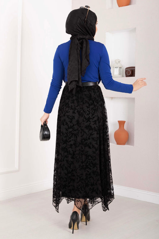 Velvet Printed Asymmetric Cut Tulle Skirt Black