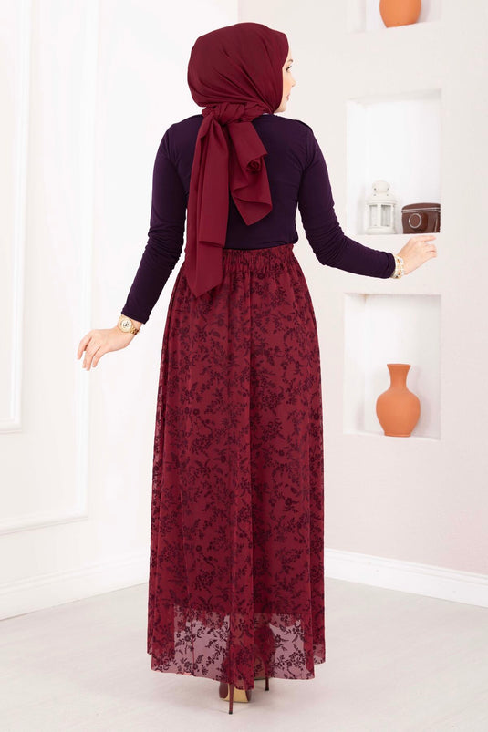 Flok Baskılı Astarlı Tül Etek Bordo