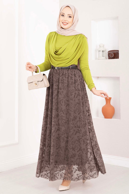 Flok Baskılı Astarlı Tül Etek Kahve