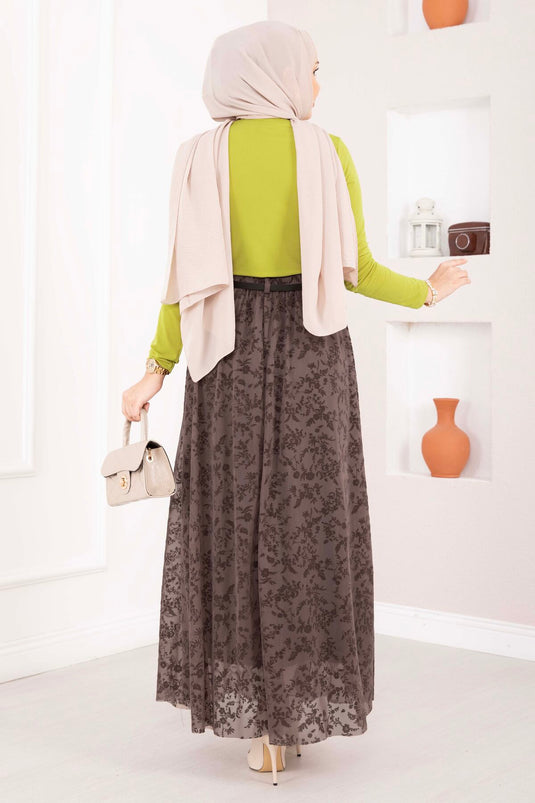 Flok Baskılı Astarlı Tül Etek Kahve