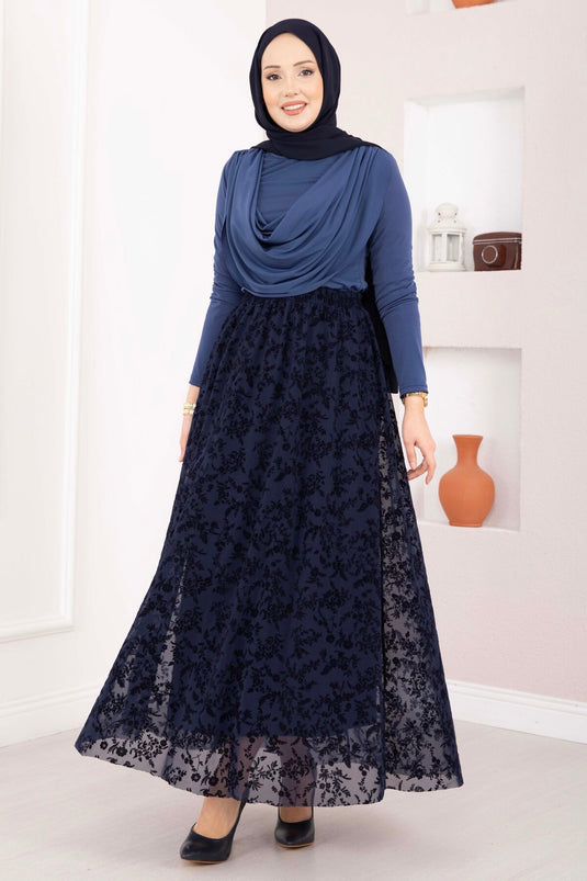 Flok Baskılı Astarlı Tül Etek Lacivert