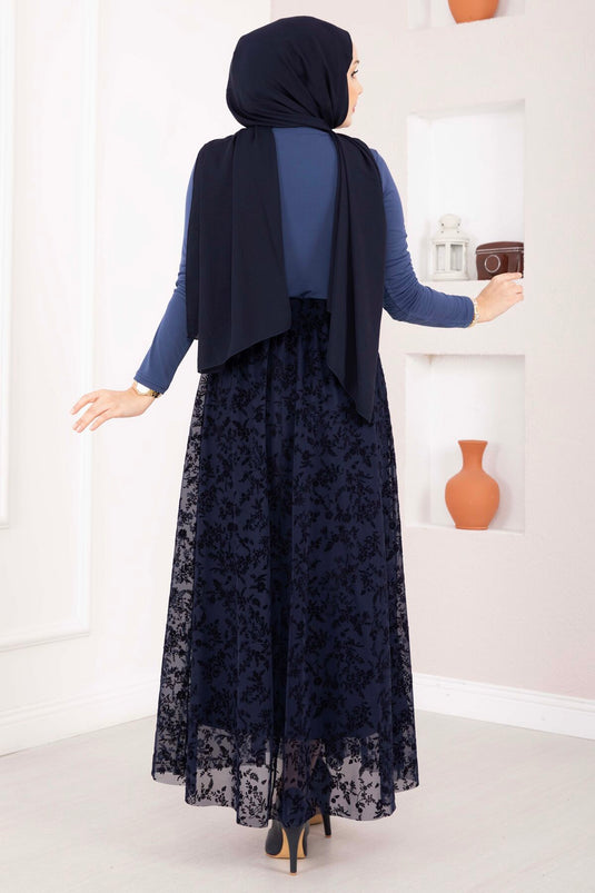 Flok Baskılı Astarlı Tül Etek Lacivert