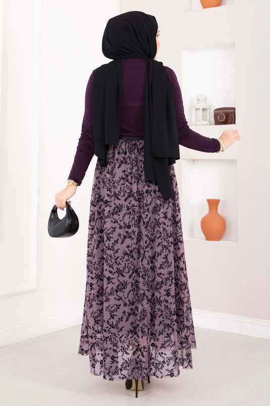 Flok Baskılı Astarlı Tül Etek Lila