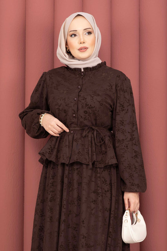 Velvet Printed Collar with Ruffle Detail Lined Skirt Set Brown