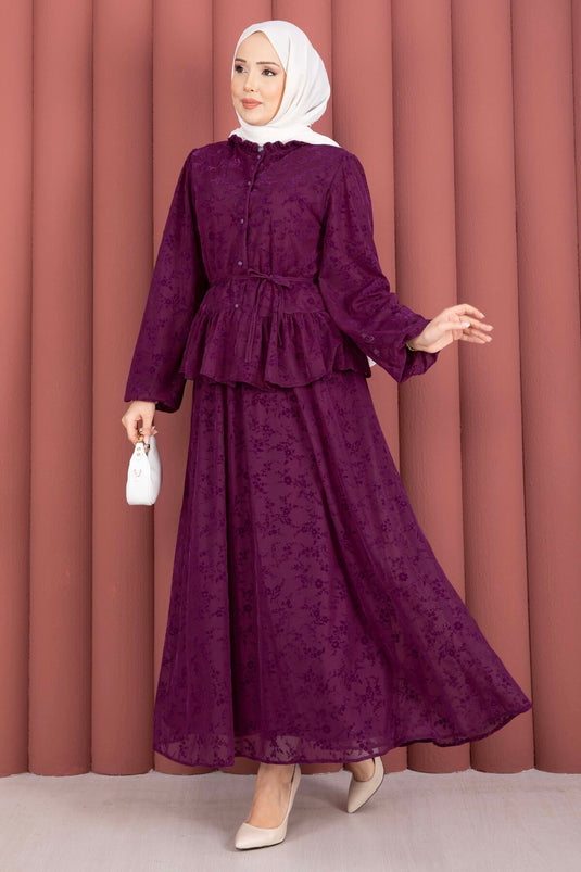Velvet Printed Collar Ruffle Detail Lined Skirt Set Burgundy