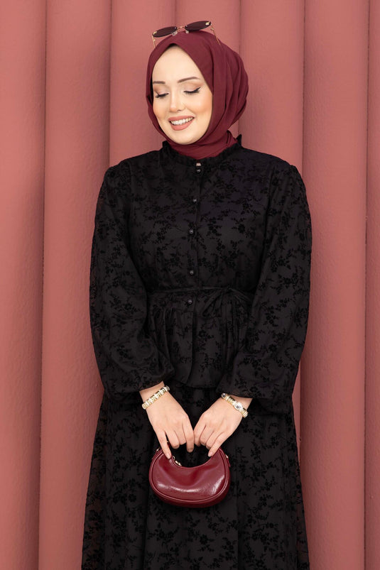 Velvet Printed Collar with Ruffle Detail and Lined Skirt Set Black