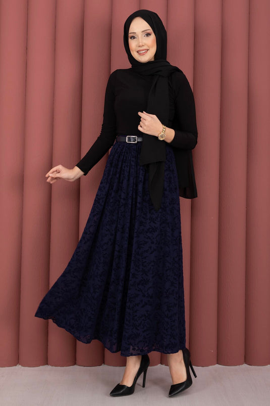 Velvet Patterned Belted Tulle Skirt Navy Blue