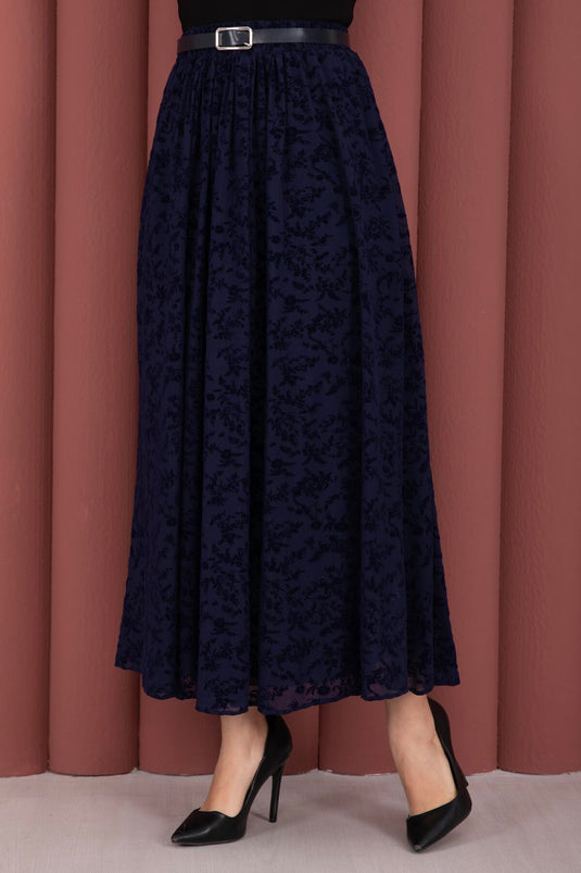 Velvet Patterned Belted Tulle Skirt Navy Blue