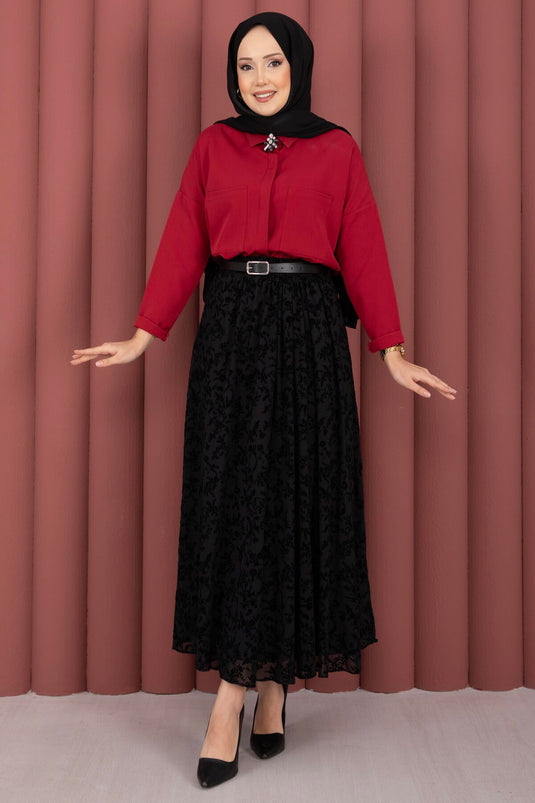 Flok Desen Kemerli Tül Etek Siyah