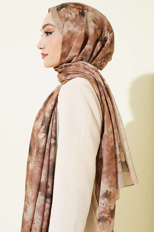 Floral Batik Desen Şal Açık Vizon