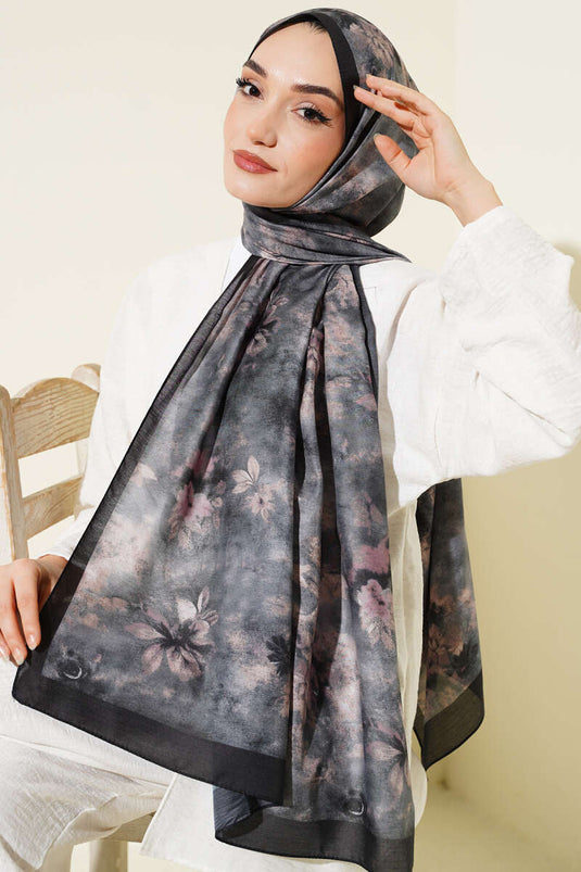 Floral Batik Pattern Scarf Black Beige