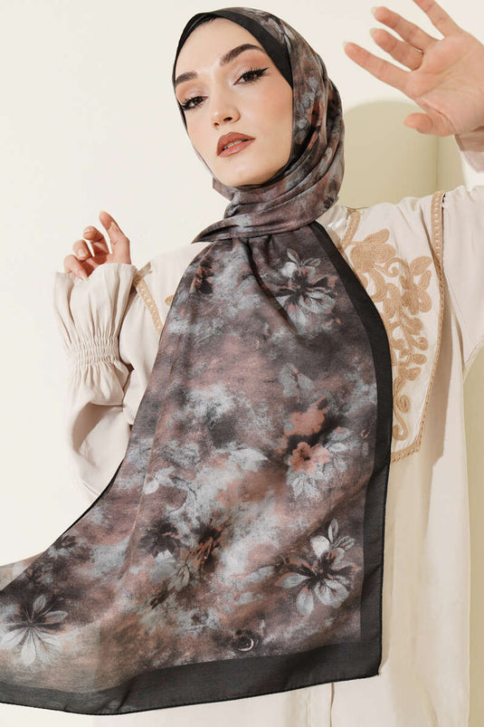 Floral Batik Desen Şal Siyah Gri