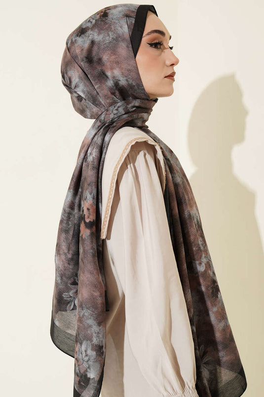 Floral Batik Desen Şal Siyah Gri