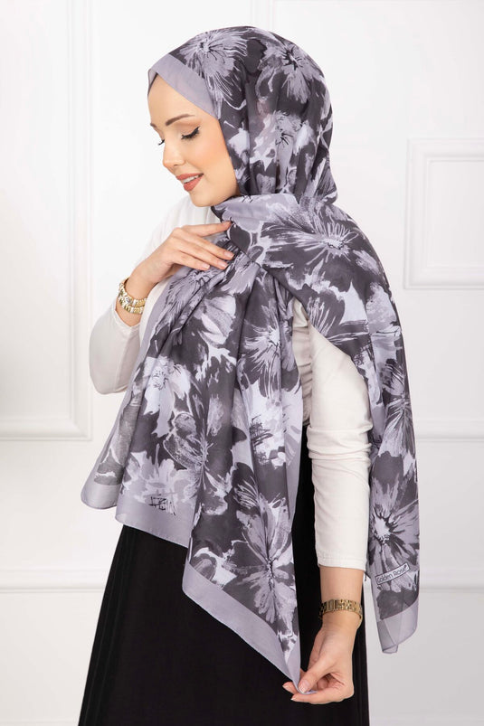 Floral Çiçek Desenli Şal Serisi Gri