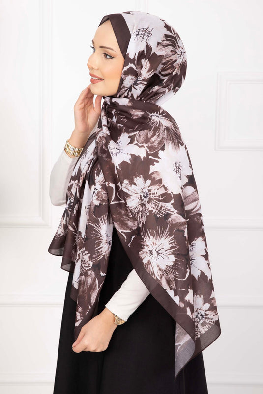 Floral Çiçek Desenli Şal Serisi Kahve