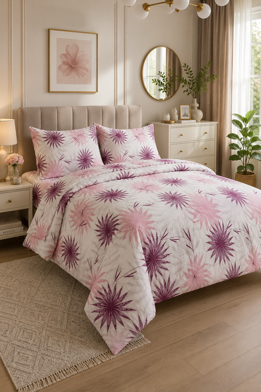 Ensemble de housse de couette double à motif floral rose