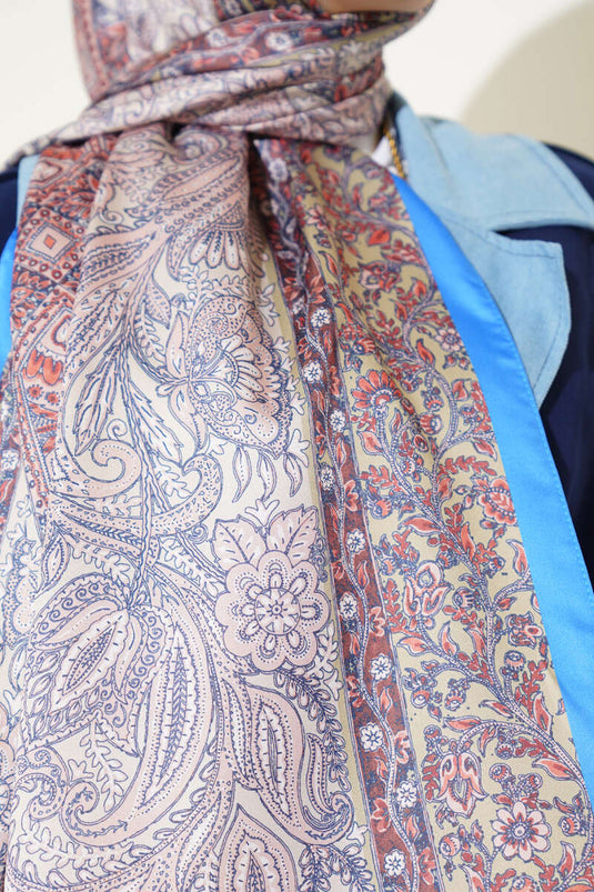 Floral Pattern Silky Shawl Blue