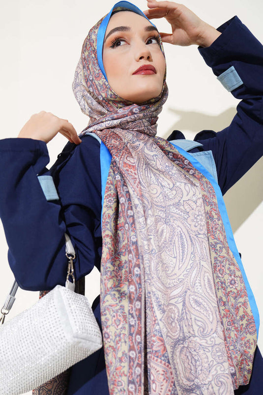 Floral Pattern Silky Shawl Blue