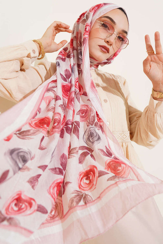 Floral Patterned Bamboo Crush Scarf Powder Pink