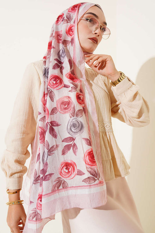 Floral Patterned Bamboo Crush Scarf Powder Pink