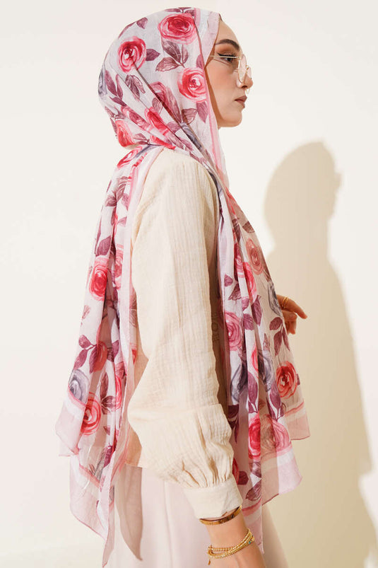 Floral Patterned Bamboo Crush Scarf Powder Pink