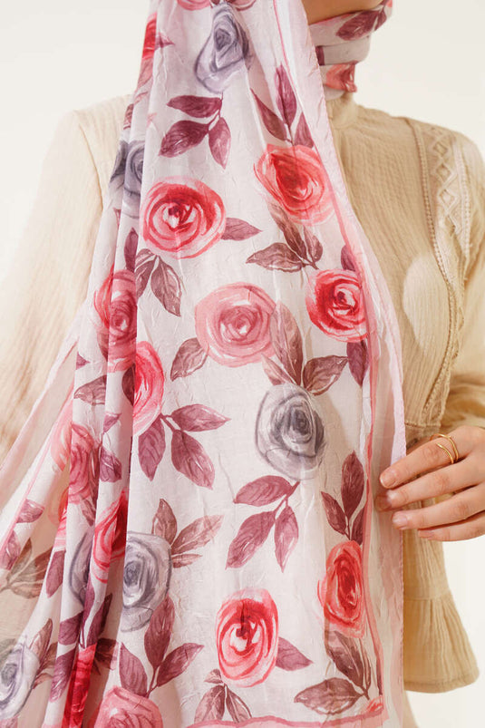 Floral Patterned Bamboo Crush Scarf Powder Pink