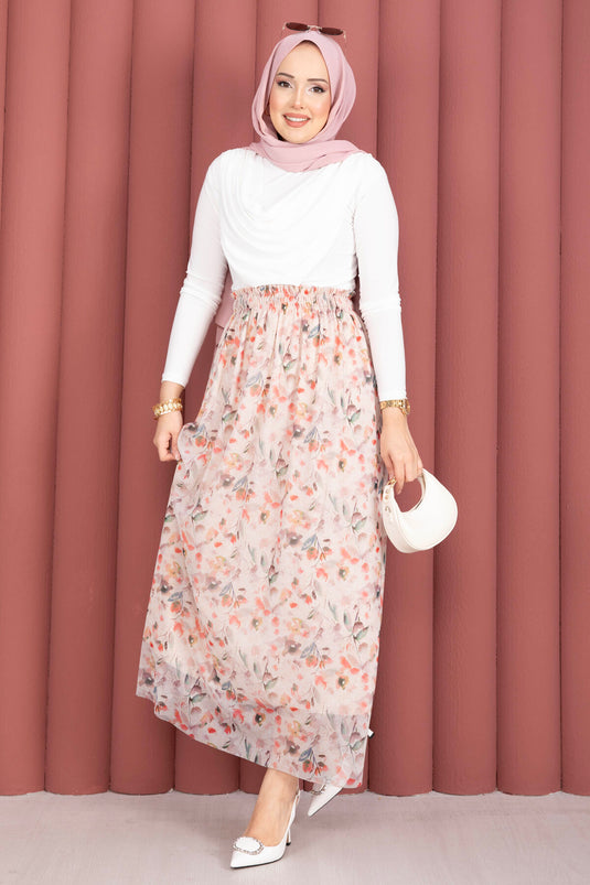 Floral Desenli Beli Lastikli Şifon Tül Etek Krem