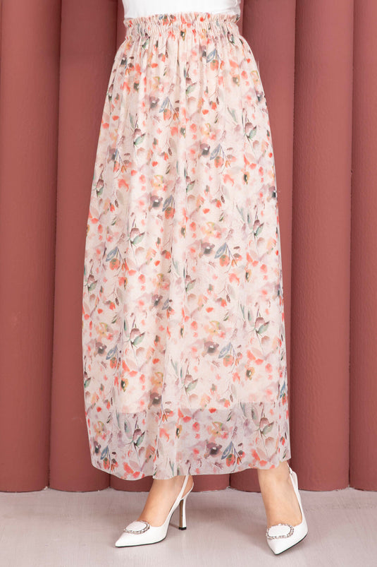Jupe en tulle chiffon à fleurs avec taille élastique crème