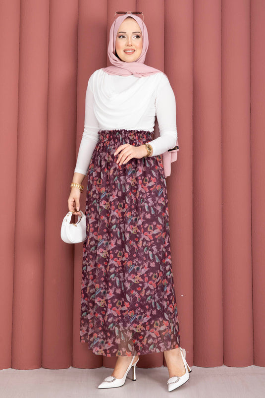 Jupe en tulle chiffon à fleurs avec taille élastique, couleur prune