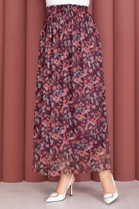 Jupe en tulle chiffon à fleurs avec taille élastique, couleur prune
