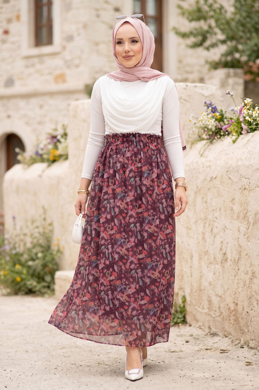 Jupe en tulle chiffon à fleurs avec taille élastique, couleur prune