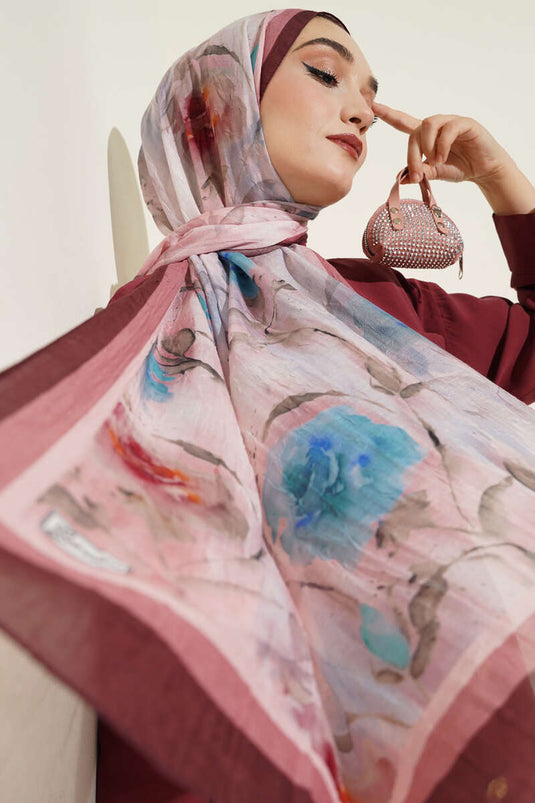 Flower Pattern Bamboo Crush Shawl Dark Brown