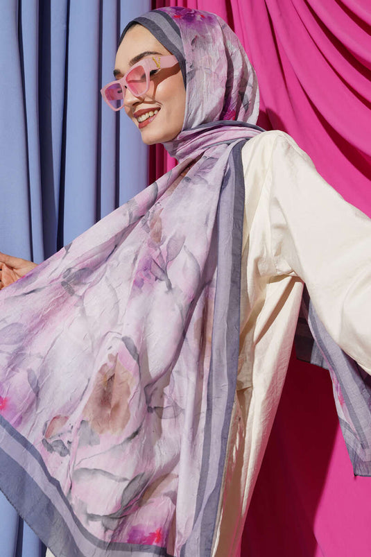 Flower Pattern Bamboo Crush Shawl Smoke Grey