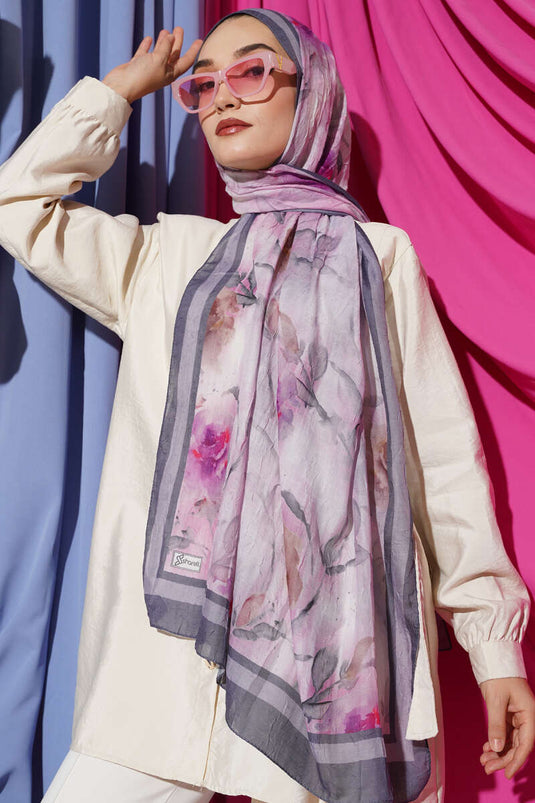 Flower Pattern Bamboo Crush Shawl Smoke Grey