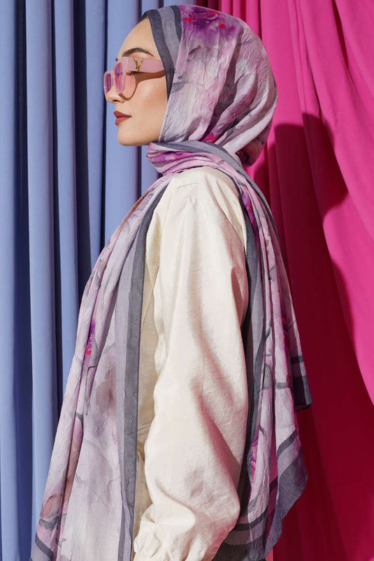 Flower Pattern Bamboo Crush Shawl Smoke Grey